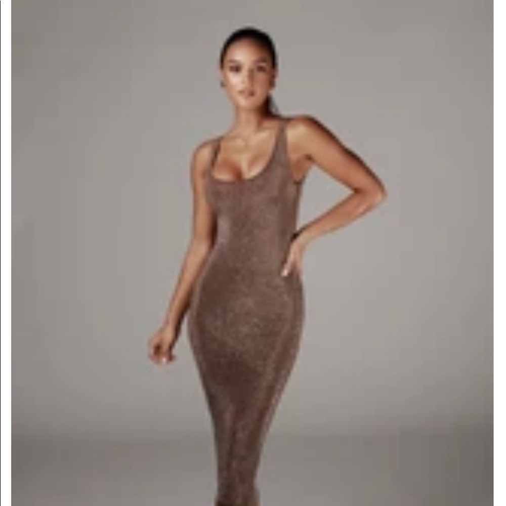 JLUXLABEL Metallic Brown Bodycon Midi Dress